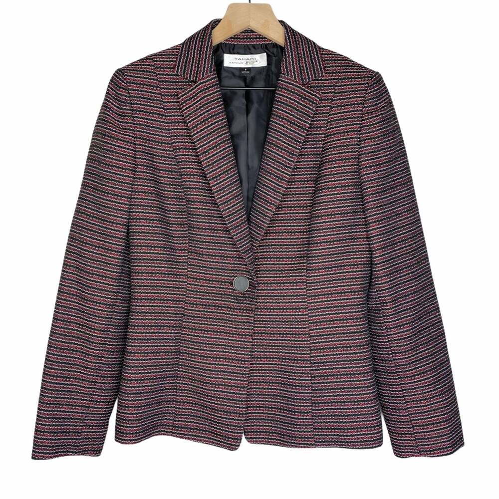 Tahari red black striped blazer size 8 tailored work jacket single button lined